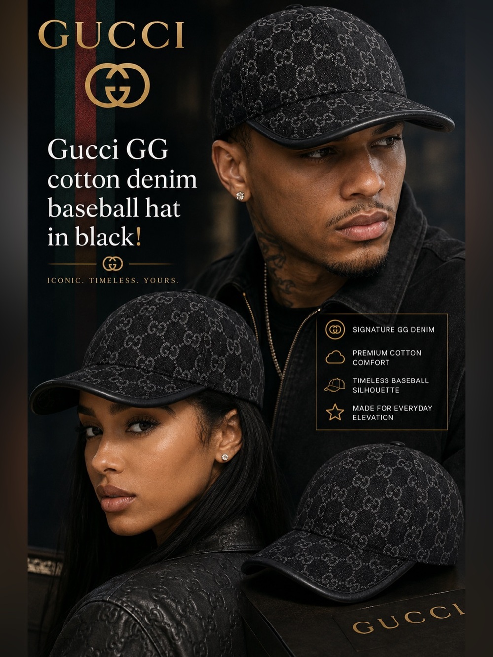 New!🔥Gucci GG cotton denim baseball hat in black!🔥
